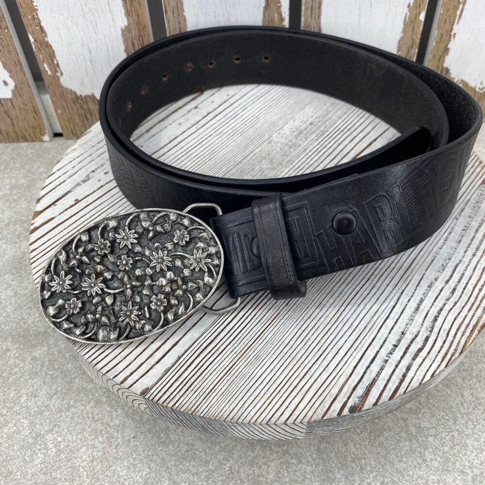 Leather Harley Davidson Belt Black Silver Floral  Buckle Women’s Size 40